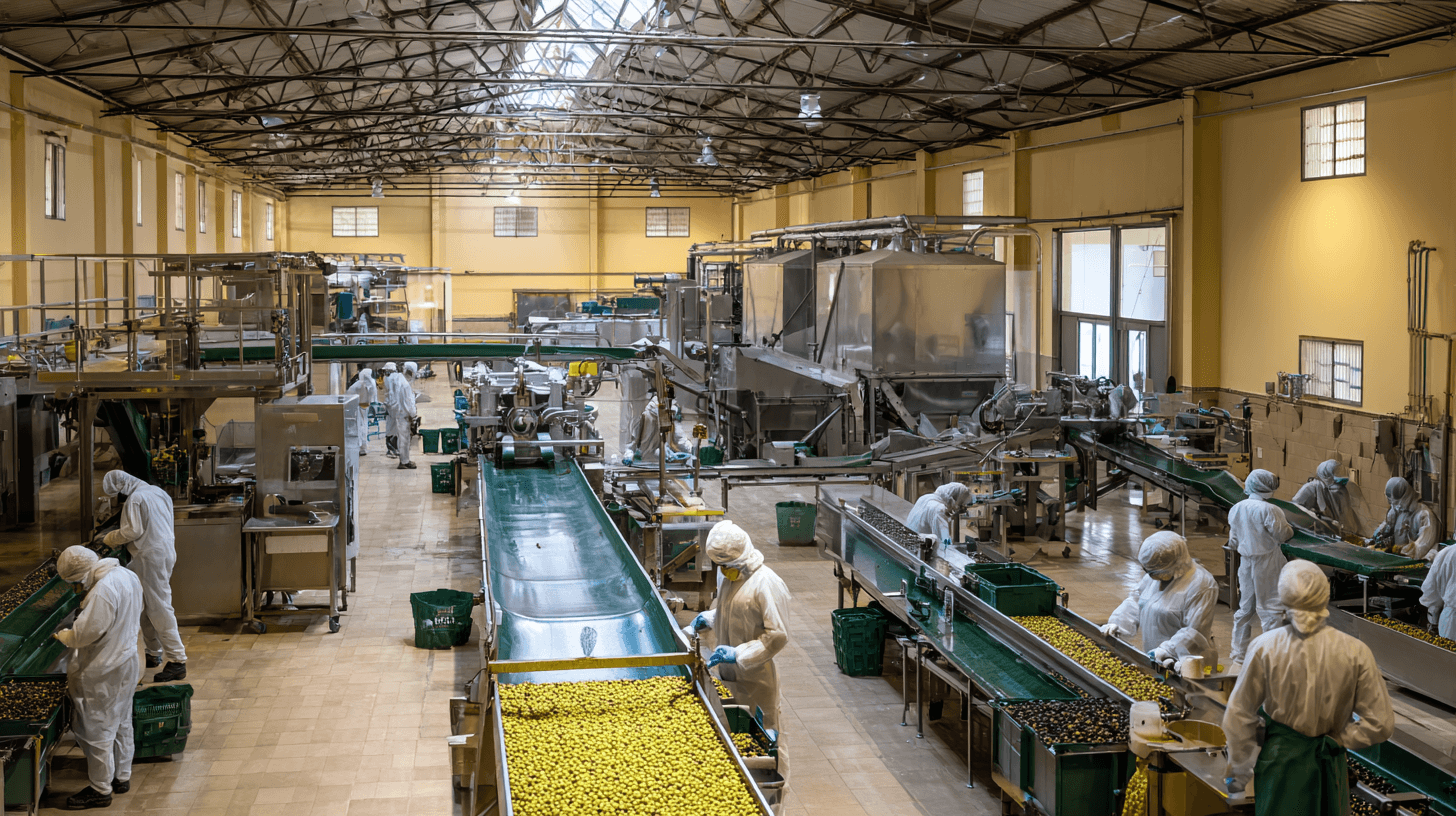 Workers in protective suits processing green olives on conveyor belts in a large factory.