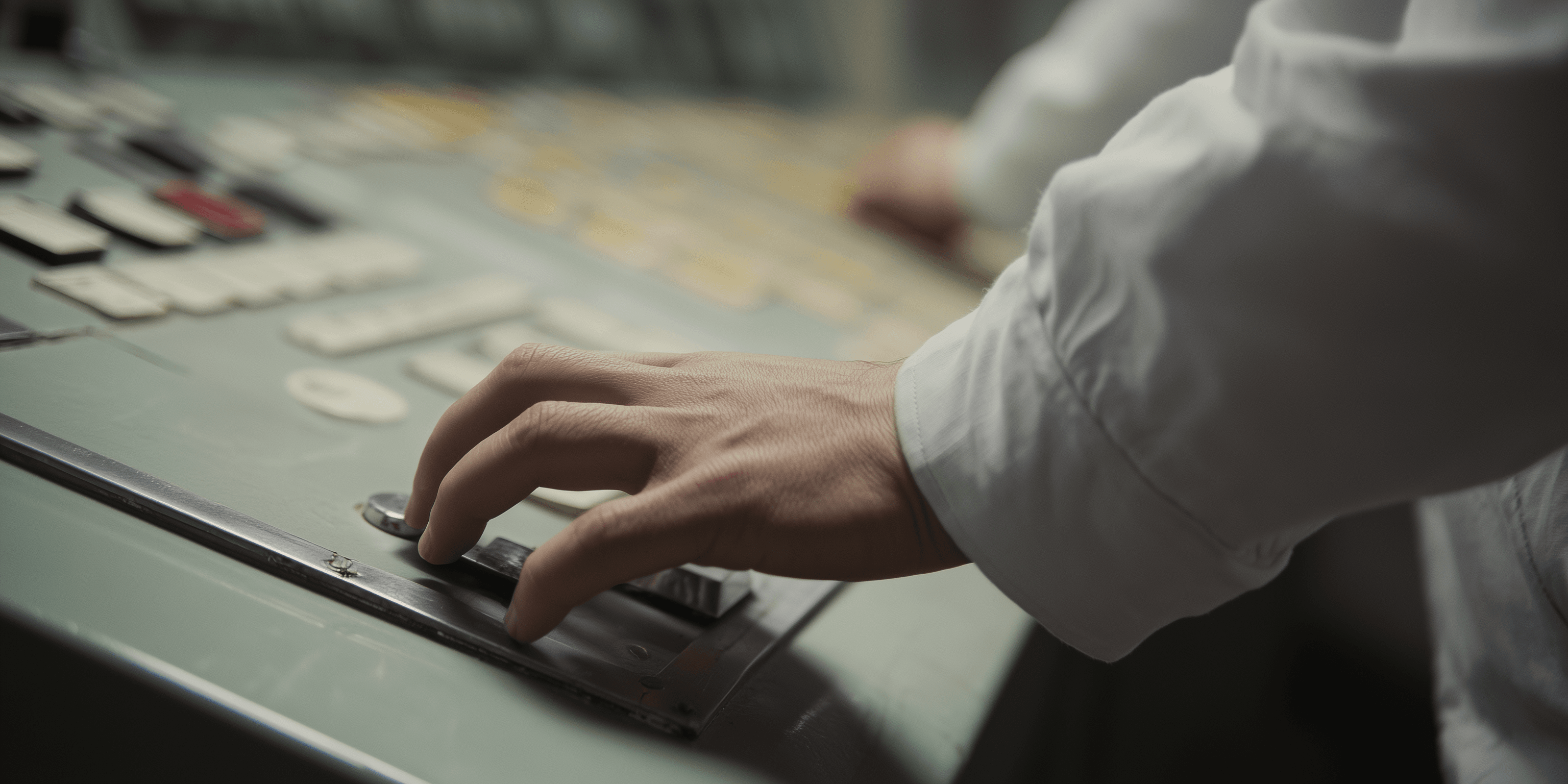 A hand in a lab coat operates a complex control panel with many buttons.